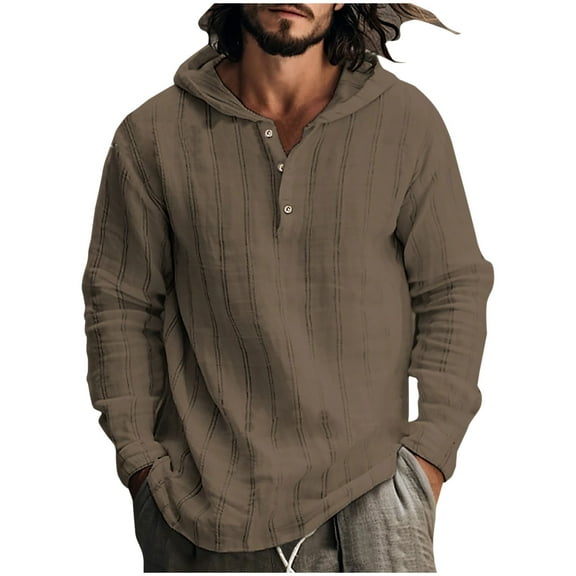 PuLe Hoodies for Men Men Fashion Casual Stripe Button Round-Neck Long Sleeve With Hooded Blouse