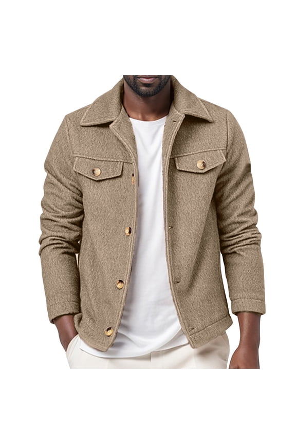 PuLe Jackets for Men Men's Fashion Casual Trend Woolen-breasted Solid Color Long-sleeved Hoodless Casual Coat/jacket