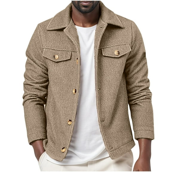 PuLe Jackets for Men Men's Fashion Casual Trend Woolen-breasted Solid Color Long-sleeved Hoodless Casual Coat/jacket