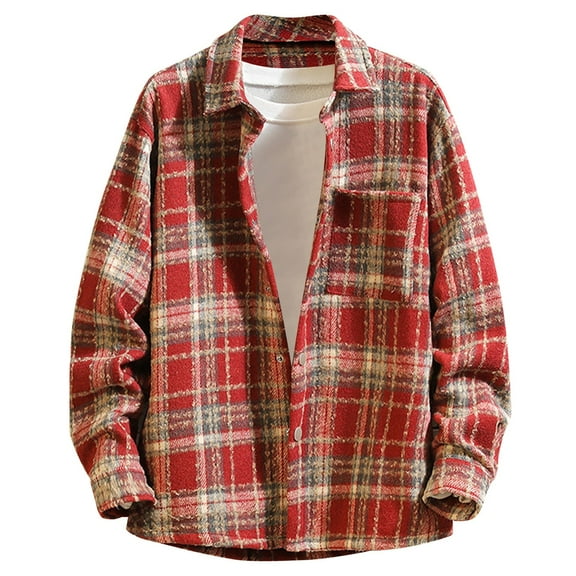 PuLe Jackets for Men Men's Fashion Casual Woolen Shirt Loose Plaid Long Sleeve Hoodless Casual Coat/jacket