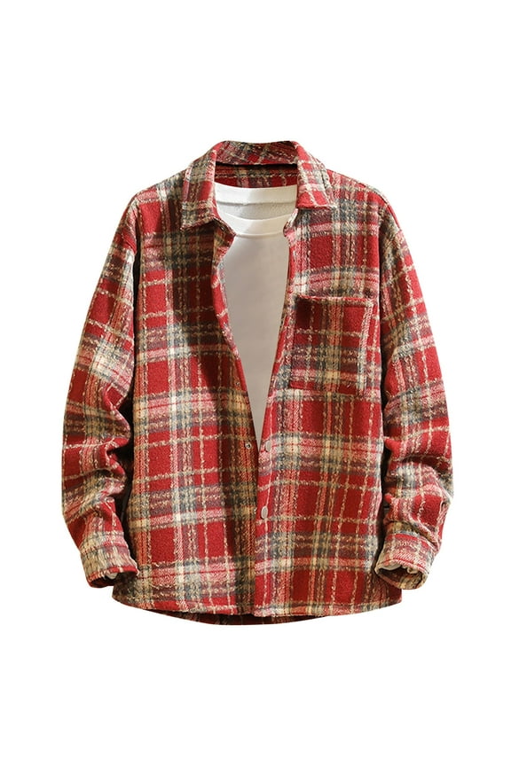PuLe Jackets for Men Men's Fashion Casual Woolen Shirt Loose Plaid Long Sleeve Hoodless Casual Coat/jacket