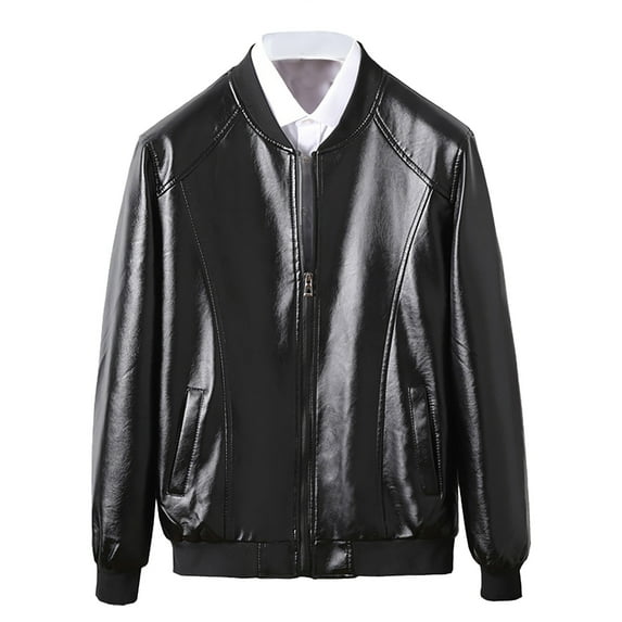 PuLe Jackets for Men Men's Thin Leather Jacket Round Neck Slim Baseball Collar Leather Jacket Men's Motorcycle Leather Jacket
