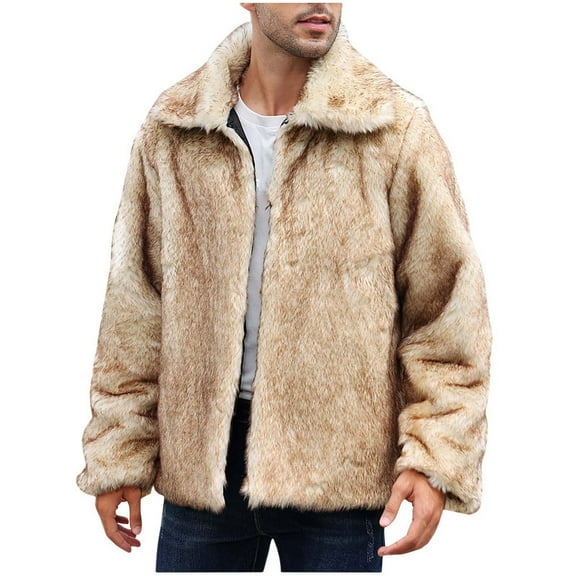 PuLe Jackets for Men Mens Warm Faux Furry Long Coat Jacket Winter Solid V-neck Outerwear