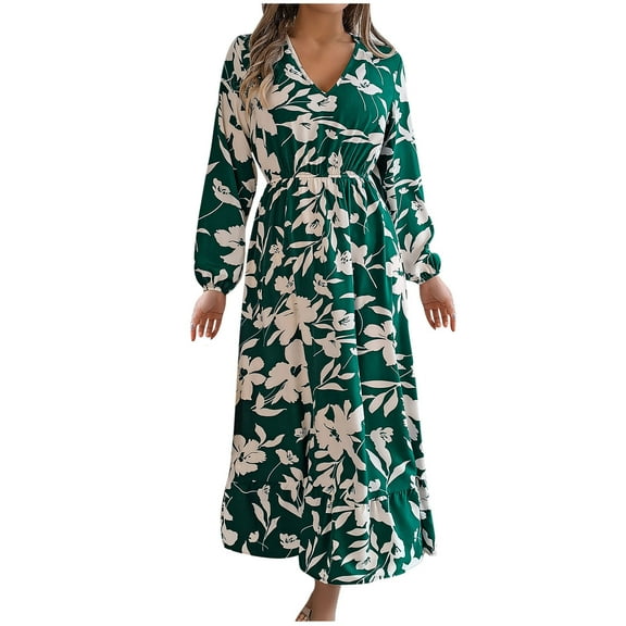 PuLe Long Sleeve Dress for Women Fall Floral Vacation Dresses for Women 2024 Trendy V-Neck Ruched Long Sleeve Dress Casual Fashion Boho Dresses for Summer