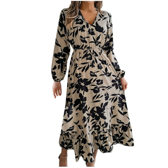 PuLe Long Sleeve Dress for Women Fall Floral Vacation Dresses for Women 2024 Trendy V-Neck Ruched Long Sleeve Dress Casual Fashion Boho Dresses for Summer