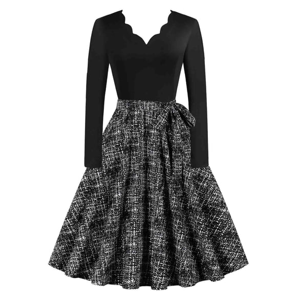 PuLe Long Sleeve Dress for Women Fall Women Audrey Hepburn Dresses Long Sleeve Scalloped V-Neck Print Patchwork Knee-Length Dress Cocktail Evening Dress