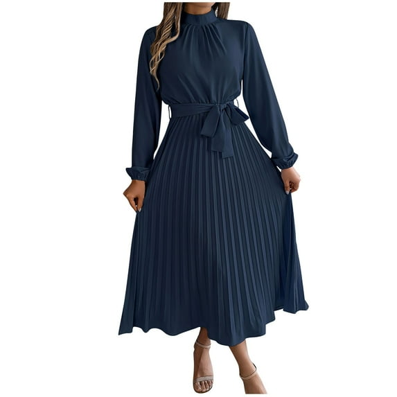 PuLe Long Sleeve Dress for Women Church Clergy Dress for Women Long Sleeve A Line Elegant Maxi Dress with Stand Collar and Belt