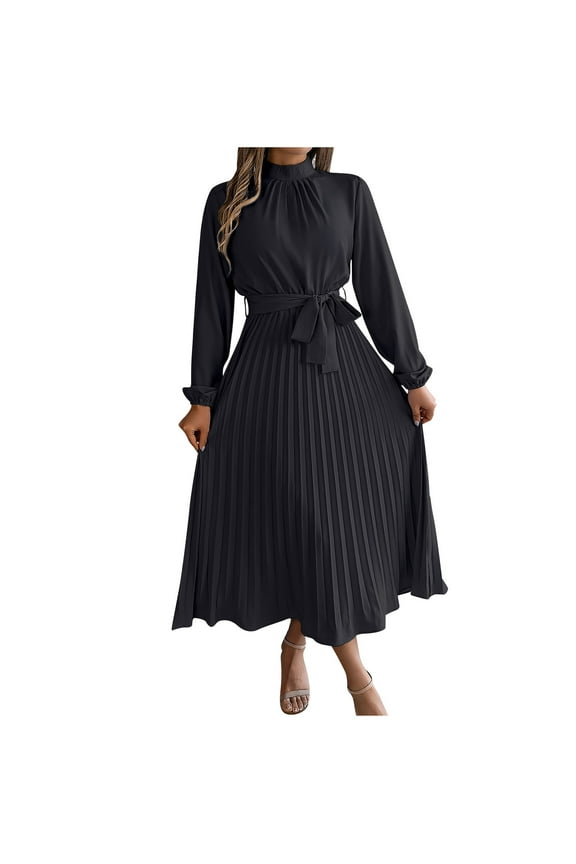 PuLe Long Sleeve Dress for Women Church Clergy Dress for Women Long Sleeve A Line Elegant Maxi Dress with Stand Collar and Belt