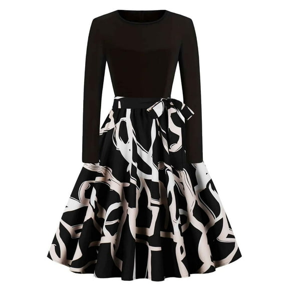 PuLe Long Sleeve Dress for Women Fall Women's 2024 Cocktail Party Dress Long Sleeve Crewneck Vintage Elegant Dresses 1980s Party Prom Midi Dress