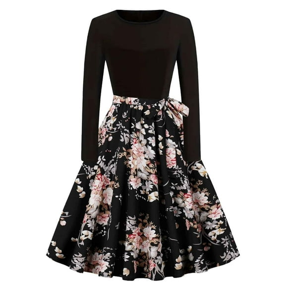 PuLe Long Sleeve Dress for Women Fall Women's 2024 Cocktail Party Dress Long Sleeve Crewneck Vintage Elegant Dresses 1980s Party Prom Midi Dress