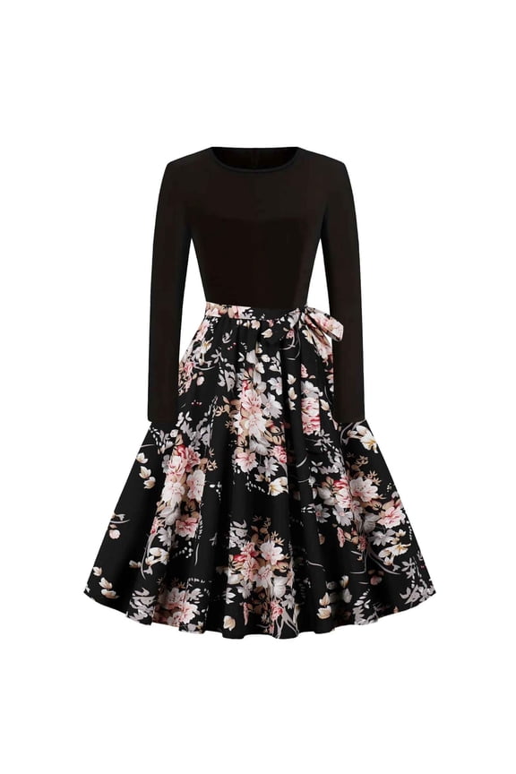 PuLe Long Sleeve Dress for Women Fall Women's 2024 Cocktail Party Dress Long Sleeve Crewneck Vintage Elegant Dresses 1980s Party Prom Midi Dress