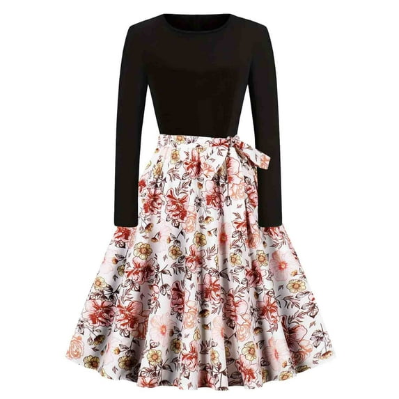 PuLe Long Sleeve Dress for Women Fall Women's 2024 Cocktail Party Dress Long Sleeve Crewneck Vintage Elegant Dresses 1980s Party Prom Midi Dress