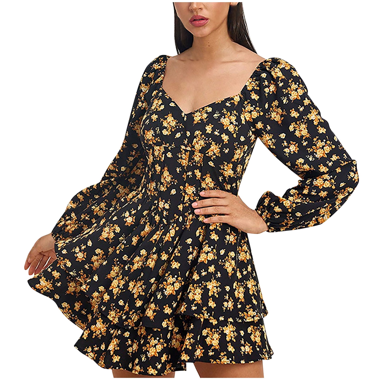 PuLe Long Sleeve Dress for Women Fall Women's Floral Print Short Dress Boho  Tiered Layer A Line Ruffle Mini Dress - Walmart.com