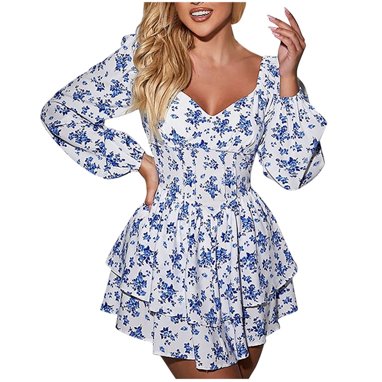 PuLe Long Sleeve Dress for Women Fall Women's Floral Print Short Dress Boho  Tiered Layer A Line Ruffle Mini Dress - Walmart.com