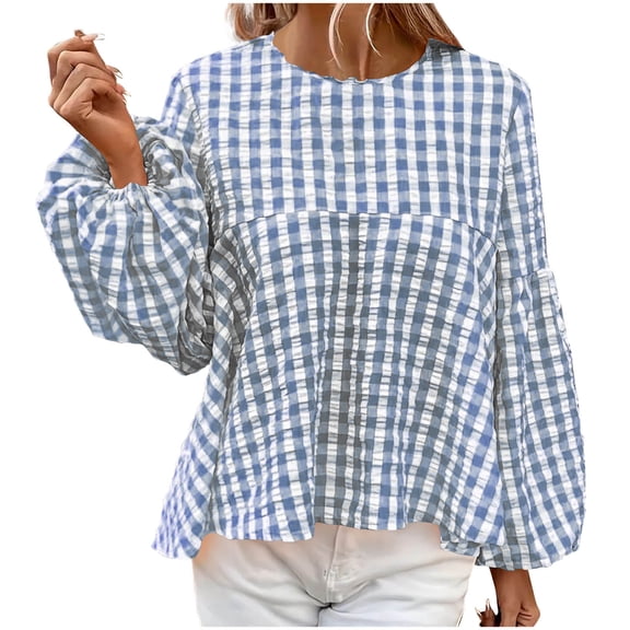PuLe Long Sleeve Shirts for Women Fashion Women's Long Lantern Sleeve Tops Casual Round Neck Plaid Shirts Trendy Loose Flowy Hem Cute Babydoll Blouses ﻿