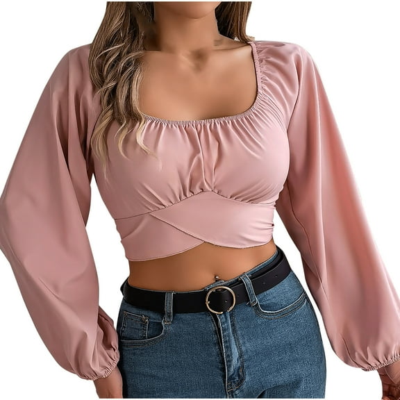 PuLe Long Sleeve Shirts for Women Woman Off Shoulder Ruched Tie Back Crop Top Summer Lantern Sleeve Boho Shirt Blouse