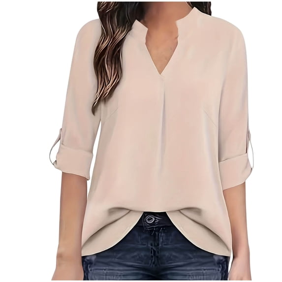 PuLe Long Sleeve Shirts for Women Women's Casual Chiffon V Neck 3/4 Sleeve Blouse Tops