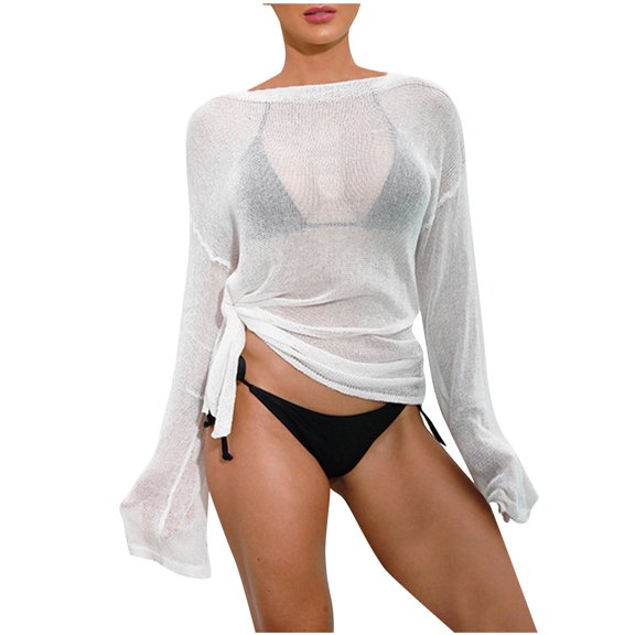 PuLe Long Sleeve Shirts for Women Womens Long Sleeve Swimsuits Cover Ups Sexy Crew Neck See Through Crochet Knit Bikini Coverup