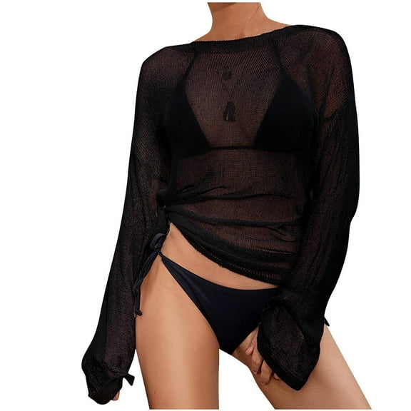 PuLe Long Sleeve Shirts for Women Womens Long Sleeve Swimsuits Cover Ups Sexy Crew Neck See Through Crochet Knit Bikini Coverup