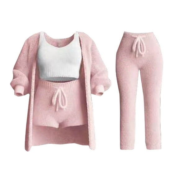 PuLe Long Sleeve Tops for Women Misscosy Knit Set 4-Piece, Women's Cozy Knit Set Soft Fleece Sexy Warm Cardigan Coat Vest Shorts or Trousers