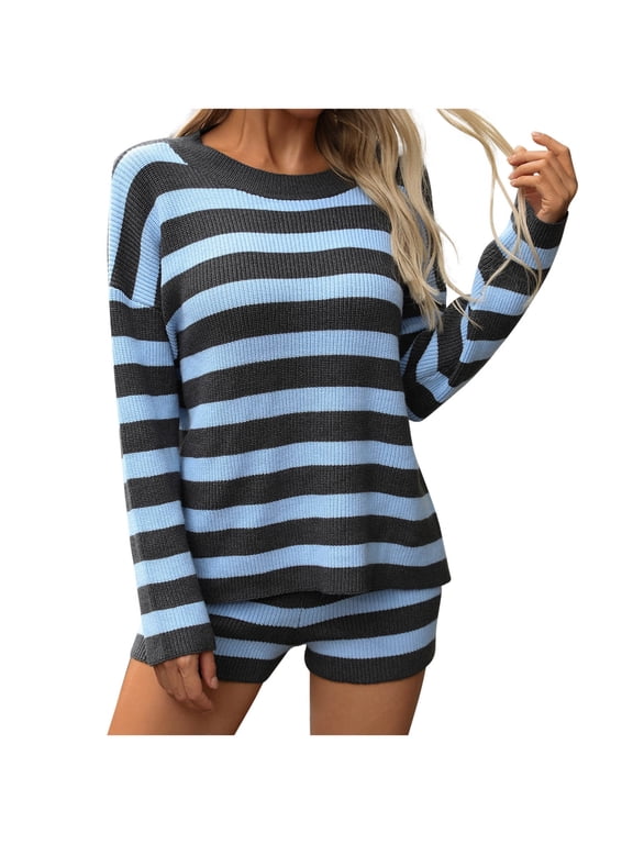 PuLe Long Sleeve Tops for Women Women Match Sets Striped Knit Sweater Shorts 2 Piece Sets Thin Crochet Fall Long Sleeve Casual Sweater Sets Trendy