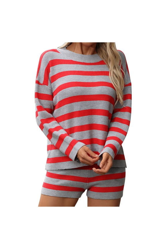 PuLe Long Sleeve Tops for Women Women Match Sets Striped Knit Sweater Shorts 2 Piece Sets Thin Crochet Fall Long Sleeve Casual Sweater Sets Trendy