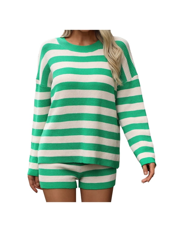 PuLe Long Sleeve Tops for Women Women Match Sets Striped Knit Sweater Shorts 2 Piece Sets Thin Crochet Fall Long Sleeve Casual Sweater Sets Trendy