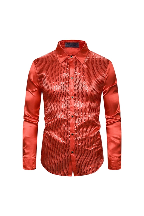 PuLe Men Long Sleeve Sequin Shirt Men's Shiny Lapel Collar Club Dance Slim Fit Colorful