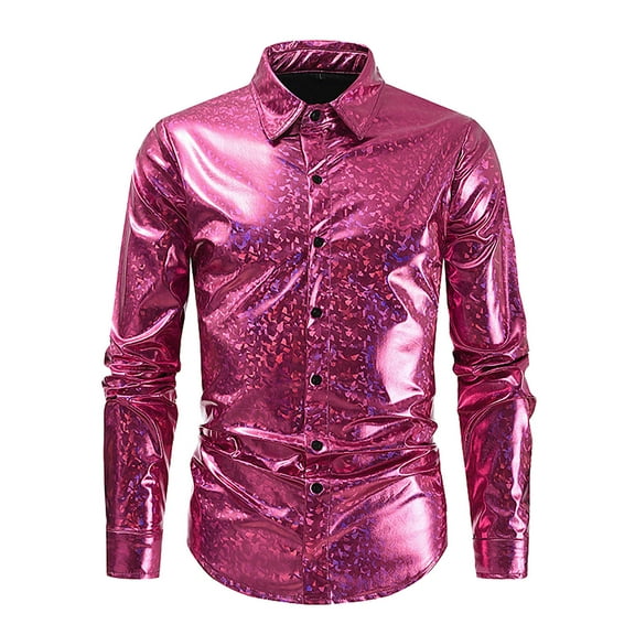 PuLe Men's Metallic Disco Shiny Slim Fit Long Sleeve Button Down Nightclub Party Shirts Christmas Shirt