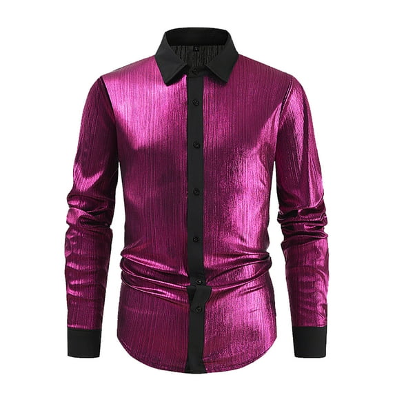 PuLe Men's Metallic Disco Shiny Slim Fit Long Sleeve Button Down Nightclub Party Shirts Christmas Shirt