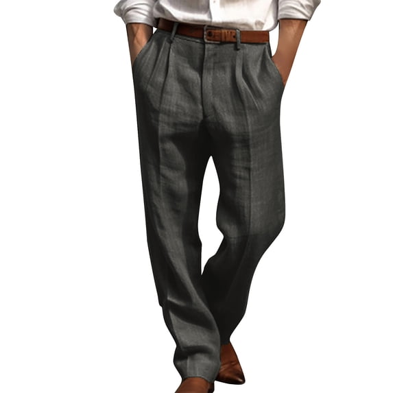 PuLe Men's Pants Cotton Linen Pants for Men Pleated Front Trouser Straight Leg Suit Trousers Solid Color Office Trouser Lightweight Linen Pant
