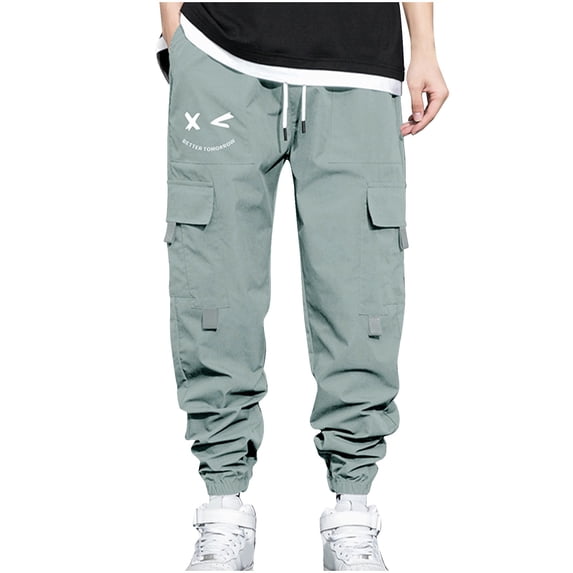 PuLe Men's Pants Men's Cargo Pants Drawstring Elastic Waist Flap Pocket Casual Street Pants
