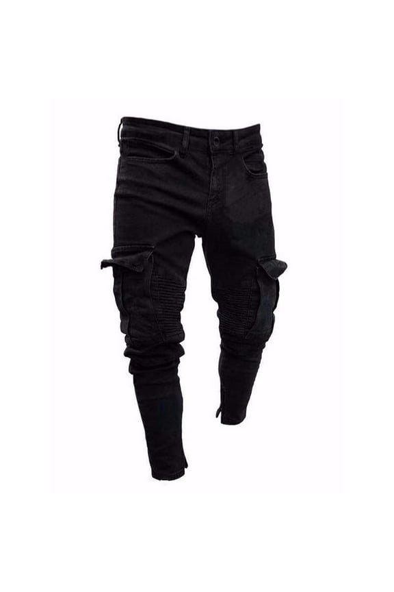 PuLe Men's Pants Men's Distressed Moto Biker Jeans Ripped Punk Gothic Zipper Denim Pants Hip hop Tapered Leg Slim Fit Jean 