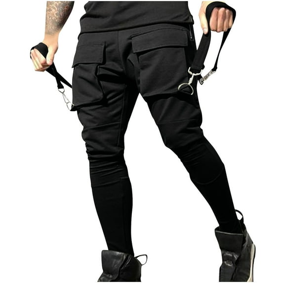 PuLe Men's Pants Men's Hip Hop Cargo Pants Belt Multi-Pocket Slim Fit Joggers Pants Outdoor Casual Workout Tapered Trousers