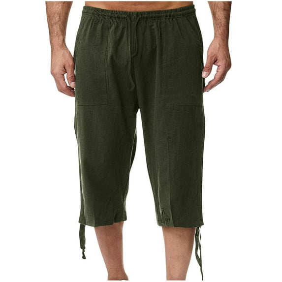 PuLe Men's Pants Men's Long Cotton Linen Shorts Knee Length 3/4 Baggy Pants Summer Drawstring Sport Golf Lounge Capri Pant with Pockets 