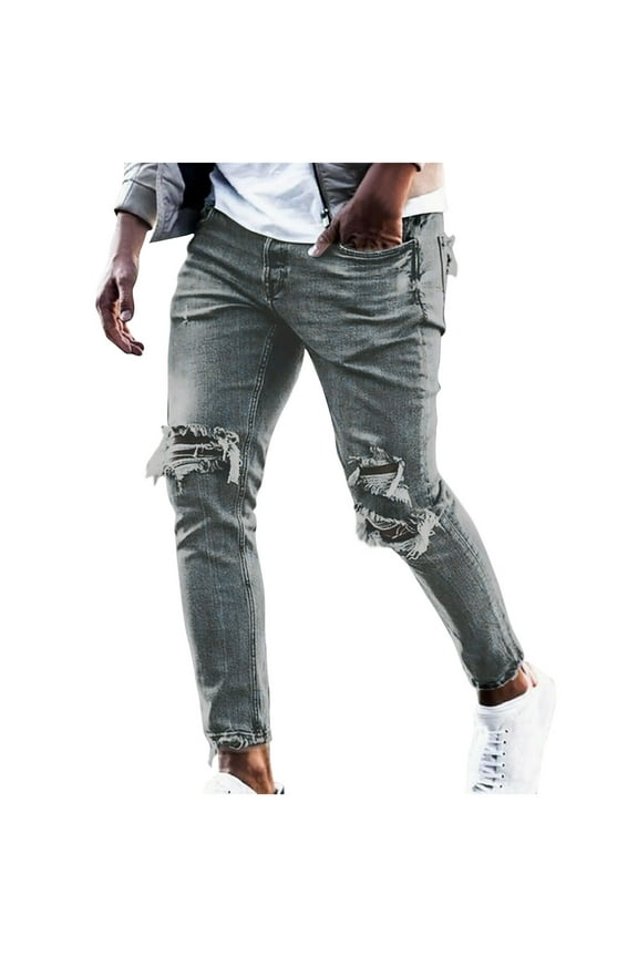 PuLe Men's Pants Men's Ripped Jeans Frayed Denim Pants Distressed Jean Trousers Classic Jeans Regular Fit Denim Trouser Straight Leg Jean Pant