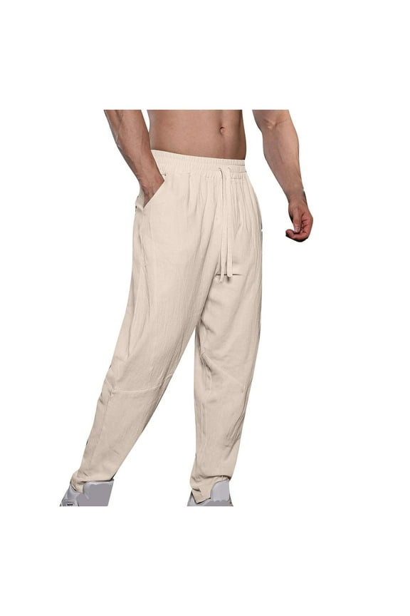 PuLe Men's Pants Men's cotton and linen pants with drawstring, elastic waistband, straight leg, lantern shaped pants, and tapered leg pants 