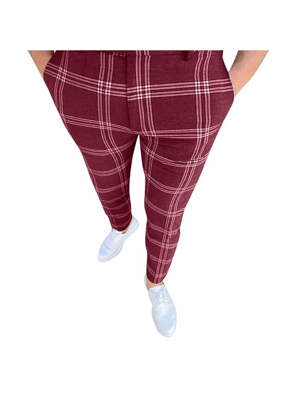 PuLe Men's Pants Mens Casual Plaid Jogger Pants Fashion Checked Flat Front Slim Fit Stretch Skinny Dress Pants Suit Trousers with Pocket