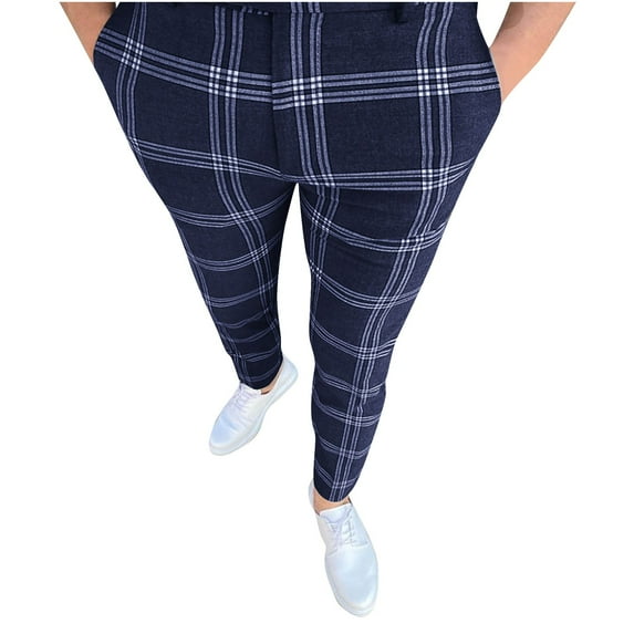 PuLe Men's Pants Mens Casual Plaid Jogger Pants Fashion Checked Flat Front Slim Fit Stretch Skinny Dress Pants Suit Trousers with Pocket