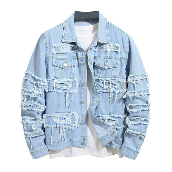 PuLe Men's Ripped Distressed Jean Jacket Stylish Trucker Outerwear Button Down Up Casual Long Sleeve Denim Jackets