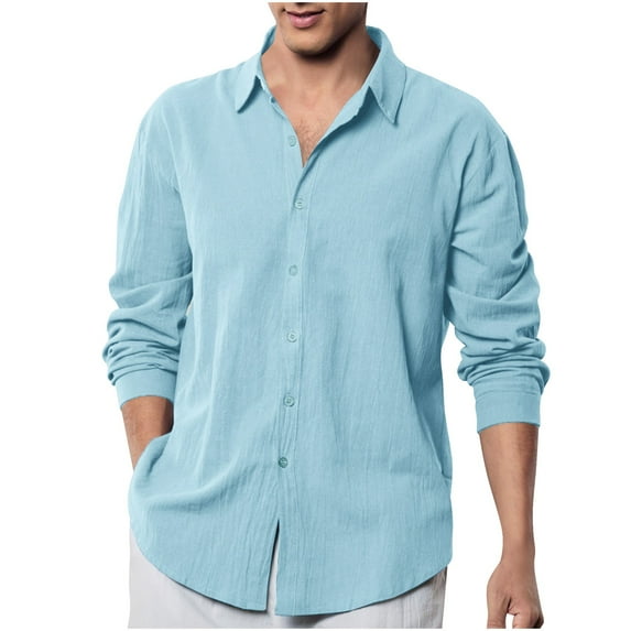 PuLe Mens Long Sleeve Top Men's And Linen Solid Color Fashion Long-sleeved Lapel Top/shirt