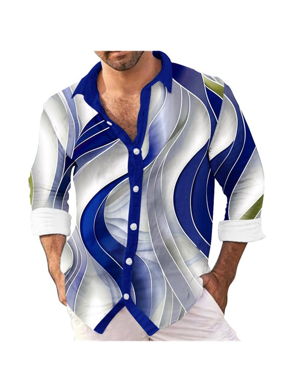 PuLe Mens Long Sleeve Top Men's Digital Printed Shirt Slub Wave Printed Lapel Long Sleeve Shirt
