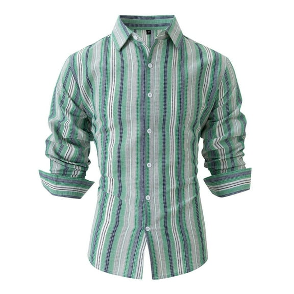 PuLe Mens Long Sleeve Top Men's Lapel Button Striped Loose Casual Long Sleeved Shirt