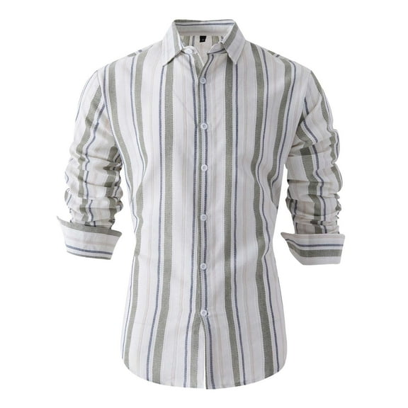 PuLe Mens Long Sleeve Top Men's Lapel Button Striped Loose Casual Long Sleeved Shirt