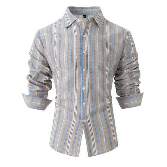 PuLe Mens Long Sleeve Top Men's Lapel Button Striped Loose Casual Long Sleeved Shirt