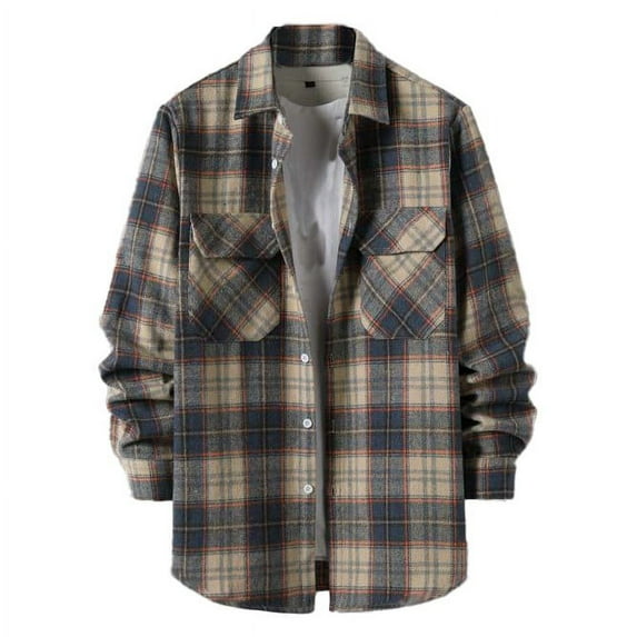 PuLe Mens Long Sleeve Top Men's Thick Brushed Plaid Casual Shirt Workwear Pocket Loose Lapel Shirt Men's Long Sleeved Lapel Top/shirt