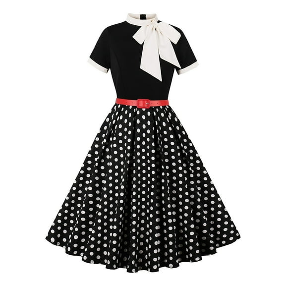 PuLe 【New】 Summer Short Sleeve Dress 50s Style Dresses for Women Vintage Short Sleeve Tie Neck Swing Dress Midi Prom Dress with Belt Audrey Hepburn Style