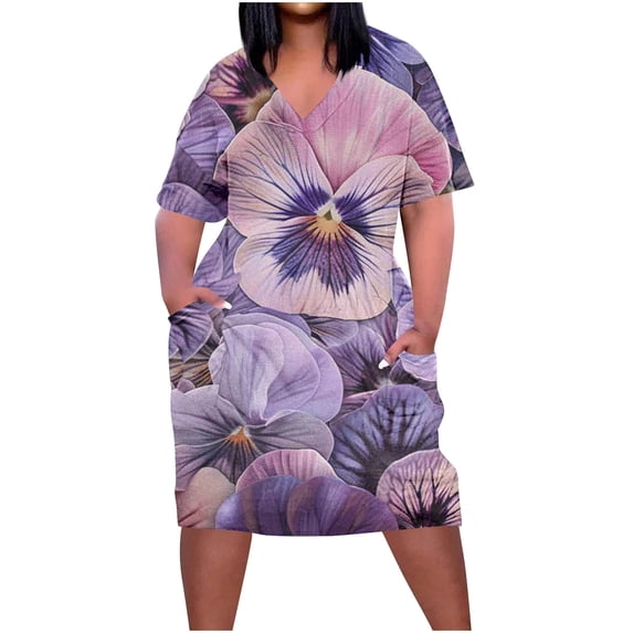 PuLe 【New】 Summer Short Sleeve Dress Summer Dresses for Women Plus Size Solid V Neck Short Sleeve Oversized Loose Trendy Comfy Dress Casual Pockets