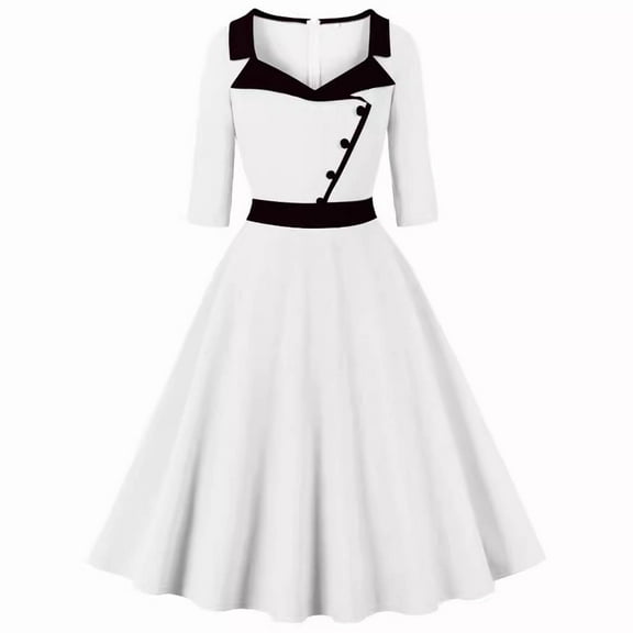 PuLe 【New】 Summer Short Sleeve Dress Women 3/4 Sleeve Square Neck Lapel 1950s Vintage Audrey Hepburn Style Cocktail Swing Dresses Retro 50s 60s Wedding Prom Dress
