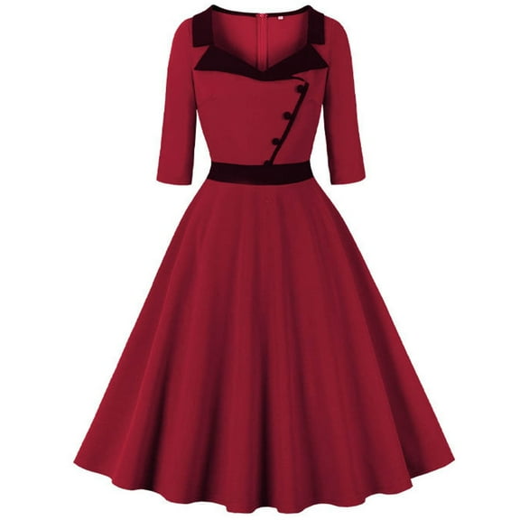 PuLe 【New】 Summer Short Sleeve Dress Women 3/4 Sleeve Square Neck Lapel 1950s Vintage Audrey Hepburn Style Cocktail Swing Dresses Retro 50s 60s Wedding Prom Dress